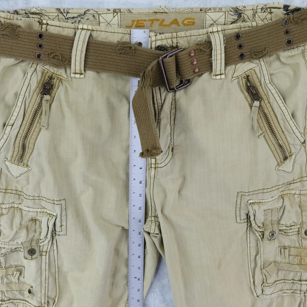 Jet Lag Cargo Shorts Mens 38 Tan Distressed Gorpcore Vintage Y2K Streetwear Belt
